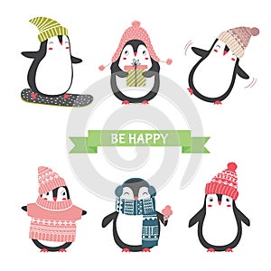 Christmas and new year card with cute penguins in different clot
