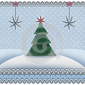 Christmas and new year card with a fir tree in a snowy landscape