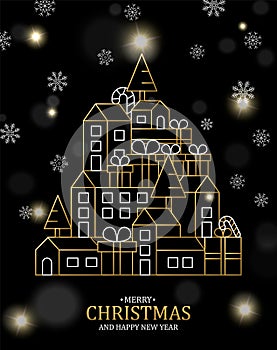 Christmas and New Year card of gold outline city