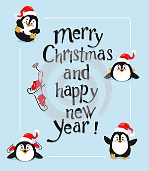 Christmas and New Year card with lettering and cute penguins on a blue background. Vector illustration