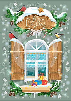Christmas and New Year card with wooden frosty window