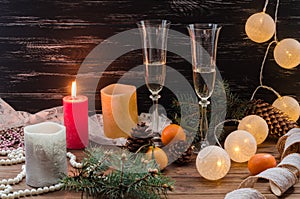 Christmas and New Year celebration with champagne. New Year holiday decorated table.