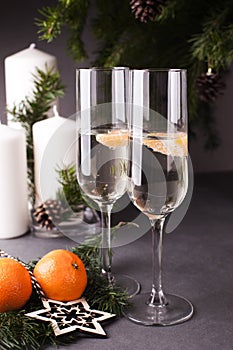Christmas and New Year celebration with champagne. New Year holiday decorated table