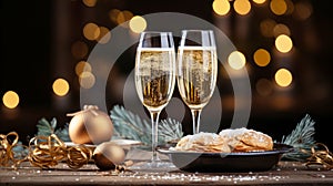 Christmas and New Year celebration with champagne. New Year holiday decorated table. Two Champagne Glasses