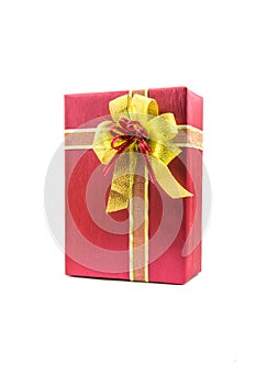 Christmas new year celebration decorations concept - Red and ribbon gold gifts box and decorating elements on white background