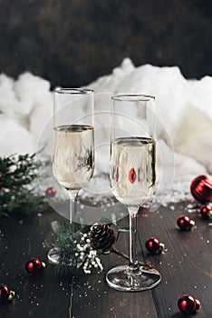 Christmas and New Year celebration with glasses of champagne