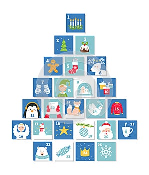 Christmas and New Year Celebration Symbols. Advent Calendar or Cards. Christmas Tree Shape. Vector Set