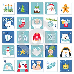 Christmas and New Year Celebration Symbols. Advent Calendar or Cards. Vector Set