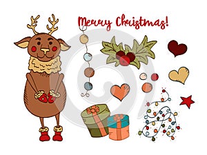 Christmas new year clip art set. Cute deer in a scarf, gifts, garlands, stars and more.