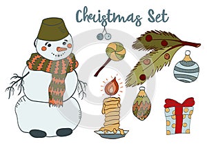 Christmas new year clip art set. Cute snowman in a scarf, gifts, Christmas decorations, candles, sweets and more.