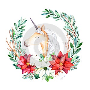 Bright wreath with leaves,branches,fir-tree,cotton flowers, poinsettia and cute unicorn