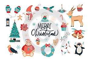 Christmas and New Year collection of cute animals and seasonal elements