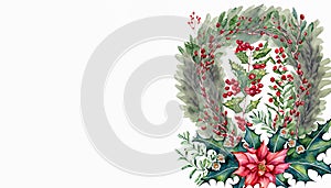 Christmas and New Year collection.Winter composition with leaves, hand painted watercolor illustration, copy space