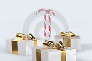 Christmas New Year colorful gift boxes with bows of ribbons and stripped candy cane on the white background. 3d illustration with