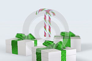 Christmas New Year colorful gift boxes with bows of ribbons and stripped candy cane on the white background. 3d illustration with