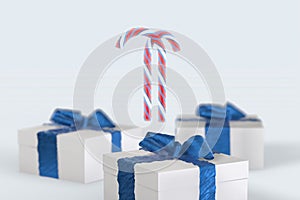 Christmas New Year colorful gift boxes with bows of ribbons and stripped candy cane on the white background. 3d illustration with