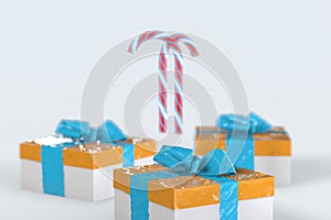 Christmas New Year colorful gift boxes with bows of ribbons and stripped candy cane on the white background. 3d illustration with