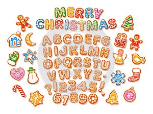 Christmas and New Year colorful gingerbread alphabet. Sugar coated letters and numbers. Cartoon hand drawn vector