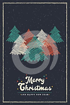 Christmas New Year colorful pine tree forest card