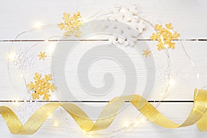 Christmas or new year composition. christmas gifts and decorations in gold colors on white background. holiday and