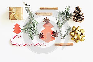 Christmas and New Year composition. Gift box with ribbon, fir branches, cones, star anise, cinnamon, candy cane and paper christma