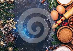 Christmas or New Year composition with ingredients for baking or