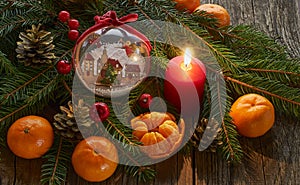 Christmas New Year composition with tangerines. red burning pine cone candle on a wooden background.