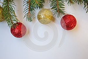 Decorative frame with place for text on white background, greeting cards made from tinsel and christmas balls, Christmas concept