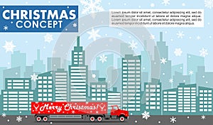 Christmas and New Year concept. Detailed illustration of red delivery truck on background with cityscape in flat style