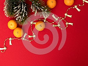 Christmas and New Year concept. Tangerines, a spruce branch and a golden festive chain. Space for text