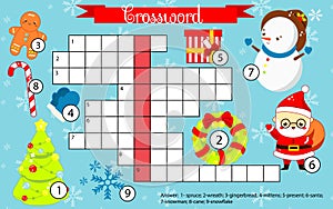 Christmas and New Year crossword for kids. Children eductaional game. Learning vocabulary for pre school age and toddlers