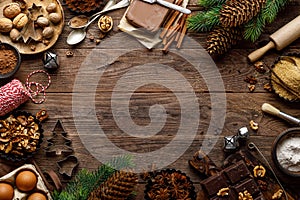 Christmas or new year culinary rustic wooden background with food ingredients for cooking festive dishes, xmas baking. Holiday coo