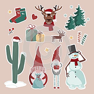 Christmas, New Year cute symbols sticker set. Santa Deer, snowman, decorated cactus, gnome, Xmas socks, gift boxes
