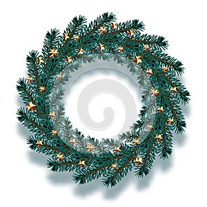 Christmas, New Year. Dark blue branches of spruce in the form of a Christmas wreath with gold stars and shadow