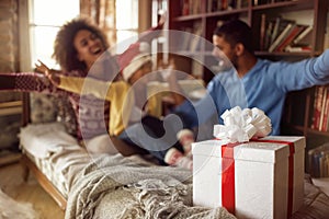 Christmas or new year decorated gift box - family celebrate Christmas.