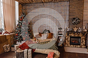 Christmas and New Year decorated interior ,cozy living room