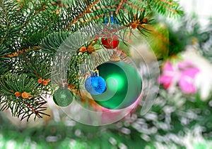 Christmas,New Year decoration-balls, green tinsel