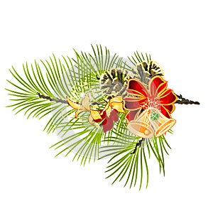 Christmas and New Year decoration bow festive poinsettia  and bells   fir tree branch with pine cones and golden snowflake vintage