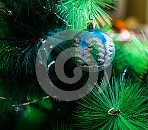 A Christmas/New Year decoration on a branch of a fir tree