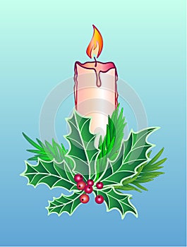 Christmas and New Year decoration. Candle decorated with holly leaves with berries and branches of rosemary on a blue gradient bac