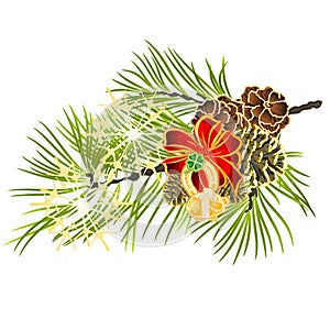 Christmas and New Year decoration Cloverleaf and horseshoe with golden leaves and fir tree branch with pine cones and golden