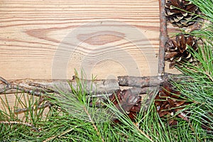 Christmas and New Year decoration composition on wooden background