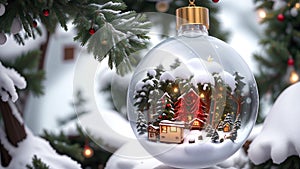 Christmas or New Year decoration in the form of a glass ball with a house and a Christmas tree photo