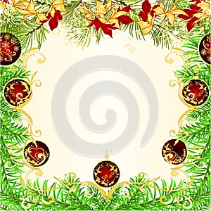 Christmas and New Year decoration frame red Christmas ornaments  golden and red poinsettia  and fir tree branch  and  snowflakes