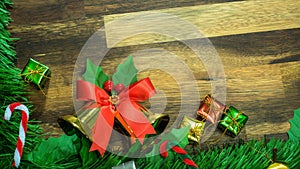 Christmas and new year decoration items with small elements. flat lay decorationon the wooden background. Top view