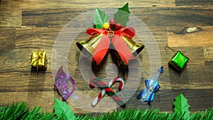 Christmas and new year decoration items with small elements. flat lay decorationon the wooden background. Top view