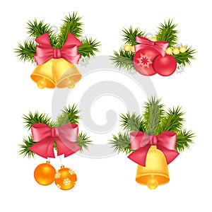 Christmas and New Year decoration, set of 3D isolated elements. Fir tree, bells, bows, balls, snowflakes