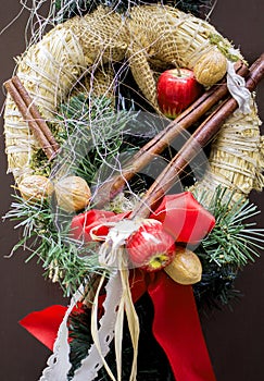 Christmas and New Year decoration straw wreath.Winter holiday background for greeting card.