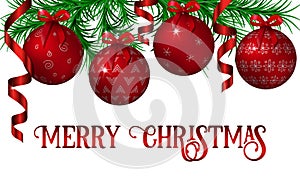 Christmas and new year decoration template with fir tree garland, red ornated metallic shiny christmas balls, curled ribbons