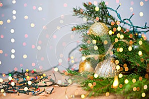 Christmas and New Year Decoration. Xmas holiday background with garlands, tinsel, ball